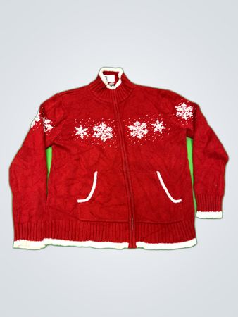 North Crest Red Snowflake Zip-Up Cardigan