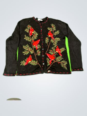 White Stag Black Knit Cardigan with Cardinal Bird Embroidery