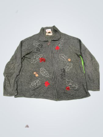 Gray Long Sleeve Zippered Jacket with Leaf Design