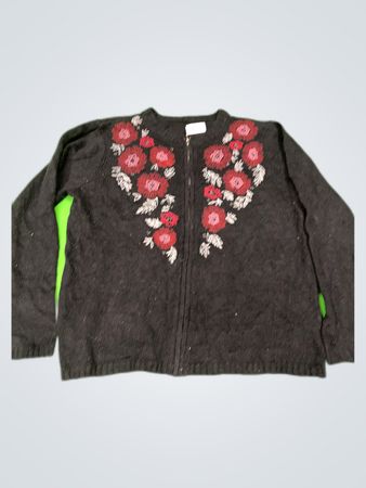 Vintage Floral Embroidered Black Knit Cardigan