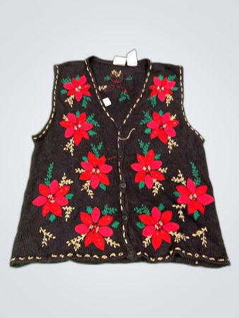 Bobbie Brooks Black Knitted Poinsettia Cardigan Vest