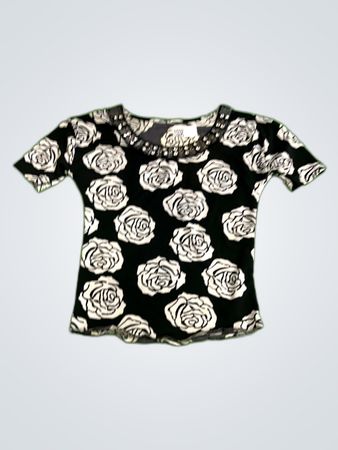 Vera Black Rose Print Studded Neck Blouse