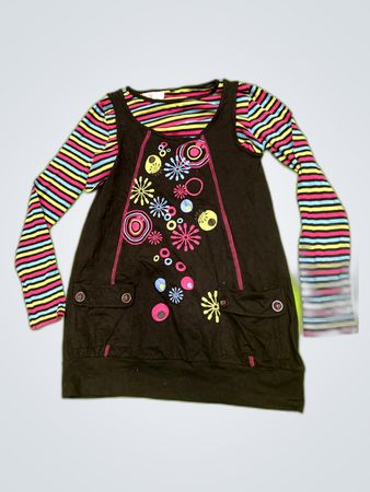 Unbranded Printed Black Pinafore Top with Striped Long-Sleeve Shirt