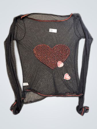 Sheer Mesh Long Sleeve Blouse with Red Heart Appliques