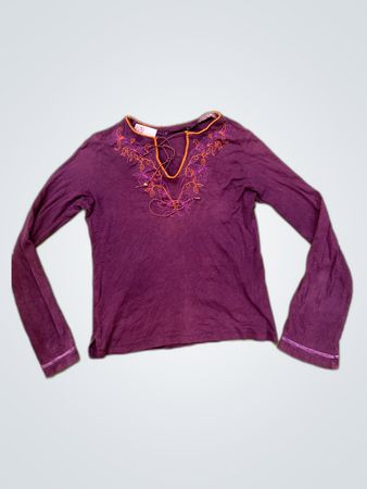Purple Embroidered Lace-Up Long Sleeve Blouse