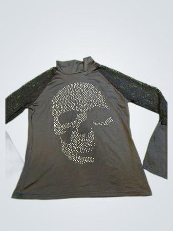 Black Rhinestone Skull Lace Sleeve Turtleneck Top