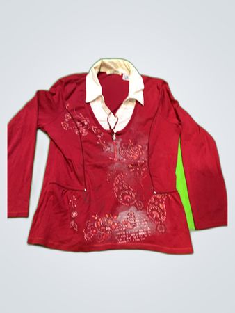 Scottage Red Embroidered Collared Blouse