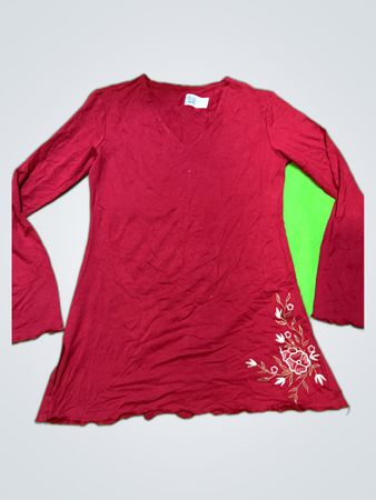 Red Long-Sleeve Blouse with Floral Embroidery