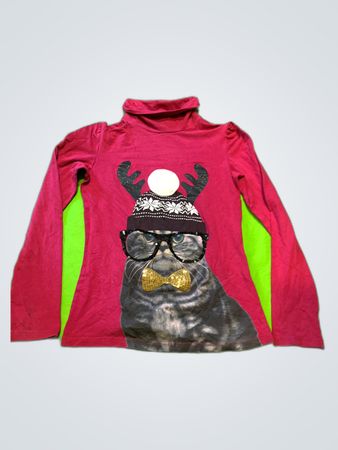 C&A Red Festive Cat Print Turtleneck Sweater