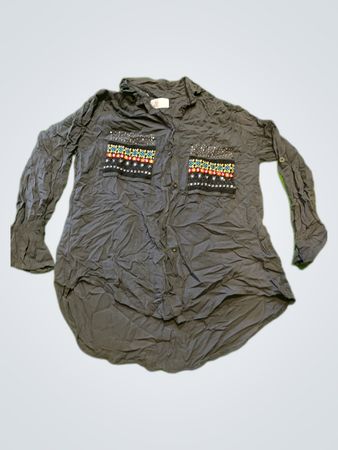 Gray Long Sleeve Shirt with Embellished Pockets