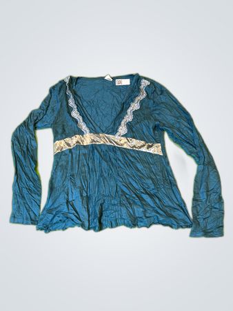 Teal Lace Trim Long Sleeve Blouse