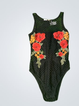 Miss Bardot Black Mesh Tank Top with Floral Embroidery
