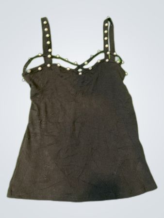 Black Ribbed Pearl Strap Tank Top