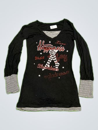 Black Long-Sleeve Top with Happiness Graphic