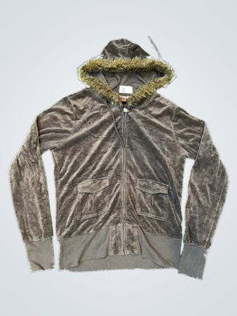 Gray Velvet Hoodie with Fur Trim