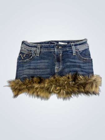 Upcycled Vigoss Denim Mini Skirt with Fur Trim