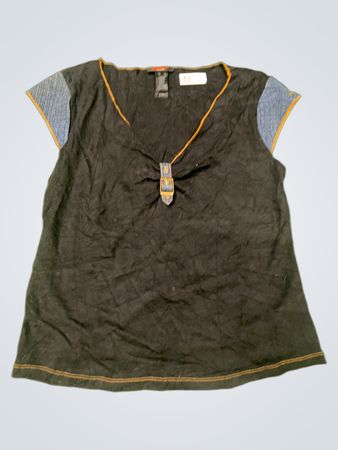 DKNY Black V-Neck Short Sleeve Top with Denim Accents