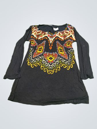 Natura Damen schwarzes Langarmkleid mit buntem Druck