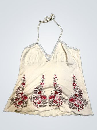Cream Halter Top with Floral Embroidery