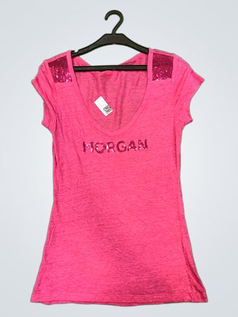 MORGAN Pink Sequin Shoulder T-Shirt