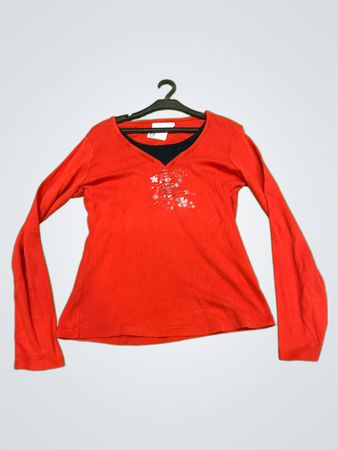 Cache Cache Red Long-Sleeve Top with Floral Embellishment