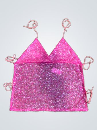 Upcyceltes pinkes Pailletten-Haltertop mit Bändern