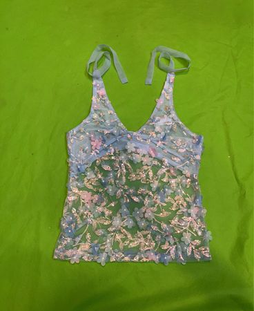 Upcycled Blue mesh floral sequin tank top