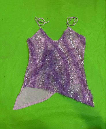 Upcycled Purple sequined and feathered asymmetrical tank top