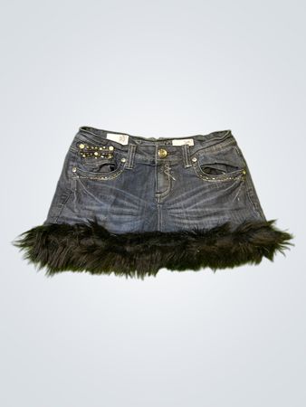 Upcycled Denim-Rock mitPelzbesatz