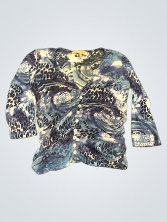 BIBA Blauer abstrakter Druck geraffter Cardigan