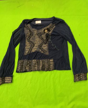 Navy Sheer Long Sleeve Top with Embellished Front