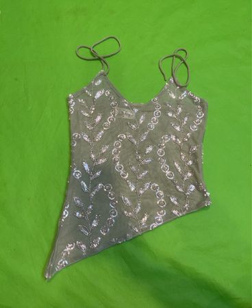 Upcycled Grünes Paillettenblatt-Print Asymmetrisches Tanktop
