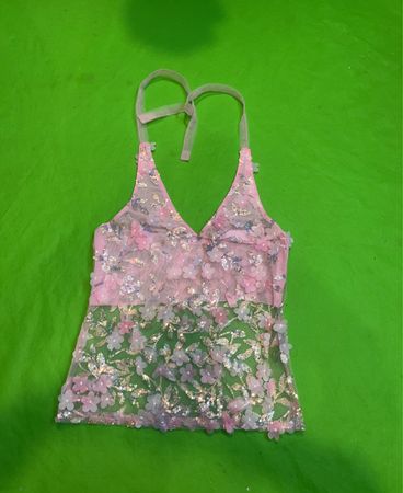 Upcycled rosa florales Pailletten-Haltertop