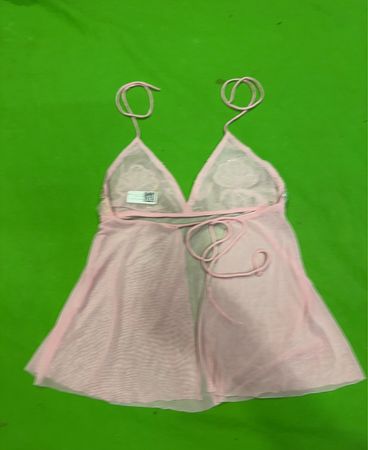 Upcycled pink transparenter Babydoll mit floralen Applikationen und Bändern zum Binden