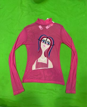 Upcycled Pink Mesh Turtleneck Top with Graphic Print