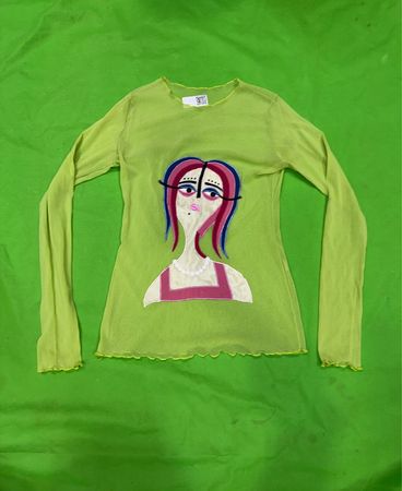 Upcycled Sheer Long Sleeve Top with Graphic Print