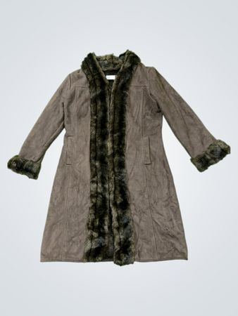 Brown Suede-like Coat with Faux Fur Trim