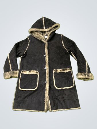 Black hooded coat with fur trim
