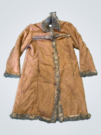 Brown Faux Suede Coat with Faux Fur Trim