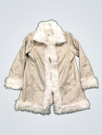 Cream coat with white fur trim