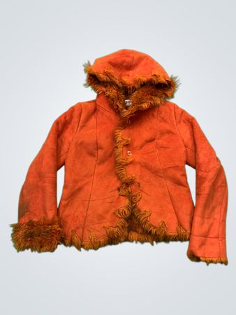 Orange hooded jacket with fur trim