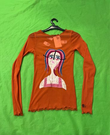 Upcycled La mode est à Vous Orange Mesh Long Sleeve Top with Graphic Print