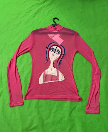 Upcycled Pink Mesh Long Sleeve Top with Graphic Print