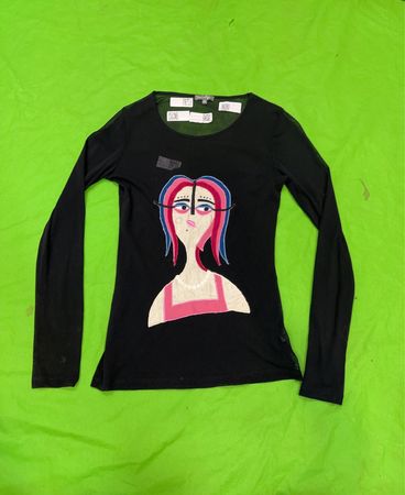 Upcycled Grain de Malice Damen Schwarzes Langarm-Graphic-Top