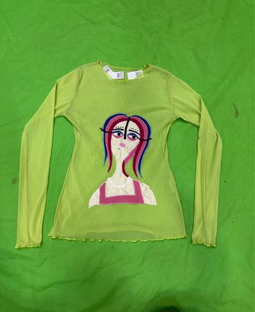 Upcycled limonengrünes, durchsichtiges langärmeliges Oberteil mit Grafikdruck