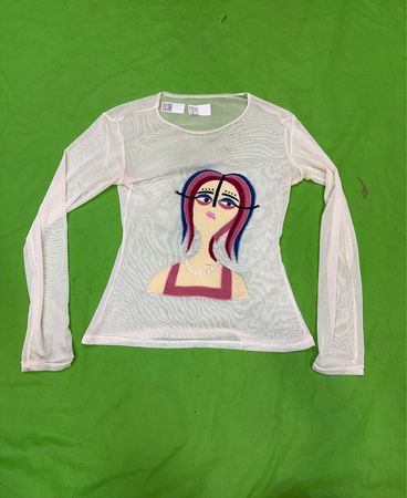 Upcycled durchsichtige Mesh Langarmbluse mit grafischem Druck