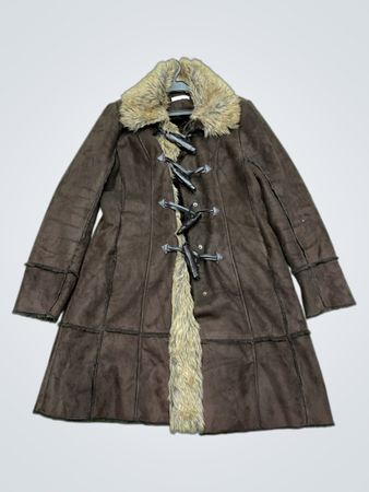 Promod Brown Faux Suede Toggle Coat with Faux Fur Collar and Trim