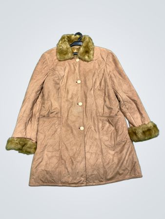 Tan Faux Suede Coat with Faux Fur Trim