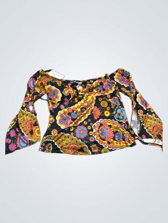 Schwarzes Top mit Glockenärmeln und buntem Paisley-Muster