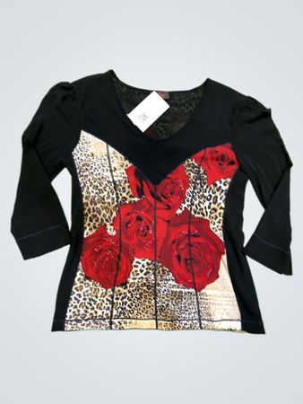 Di.Bar Couture Schwarzes Top mit Rosen- und Leopardenmuster